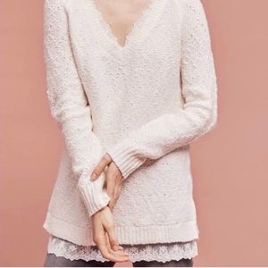 Knitted and Knotted Sweater Cream White Lace Detail Long Sleeve Large